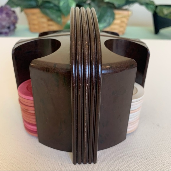 Vintage Bakelite Poker Chip Caddy Card Holder Art Deco Brown W Chips MCM Games - Picture 2 of 15
